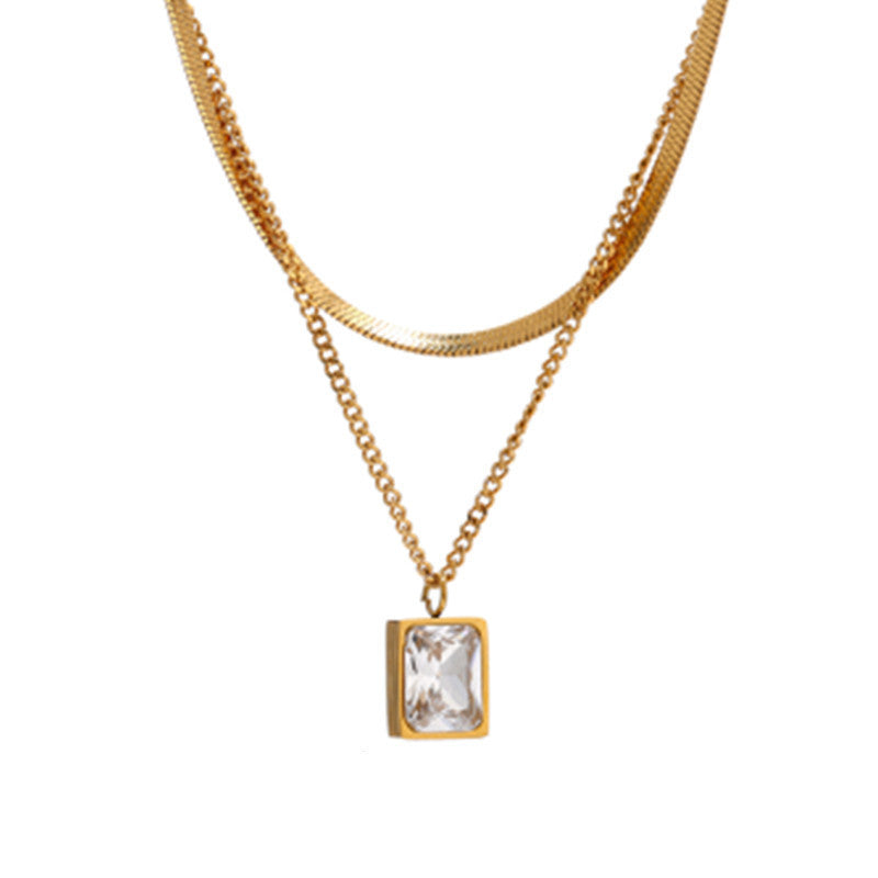 Collier double couche en acier inoxydable et zircon carré en or 18 carats
