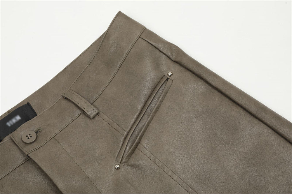 Men's PU Leather Loose Straight Split Stitching Wide-leg Casual Pants