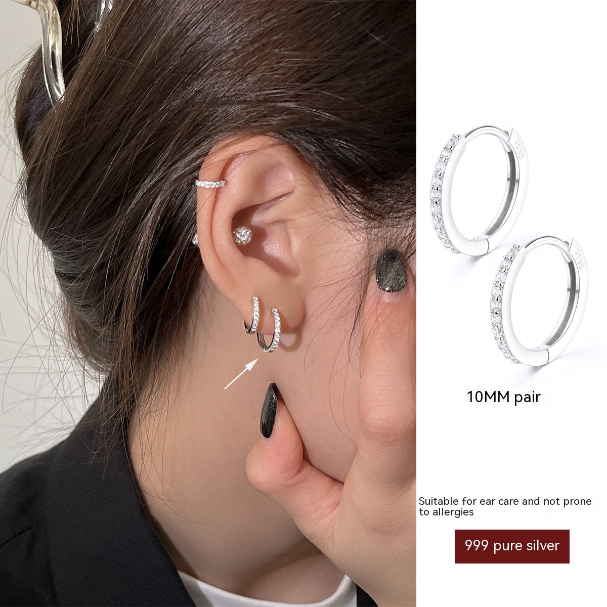 999 Sterling Silver Ear Clip Gang Drill Zircon Earrings