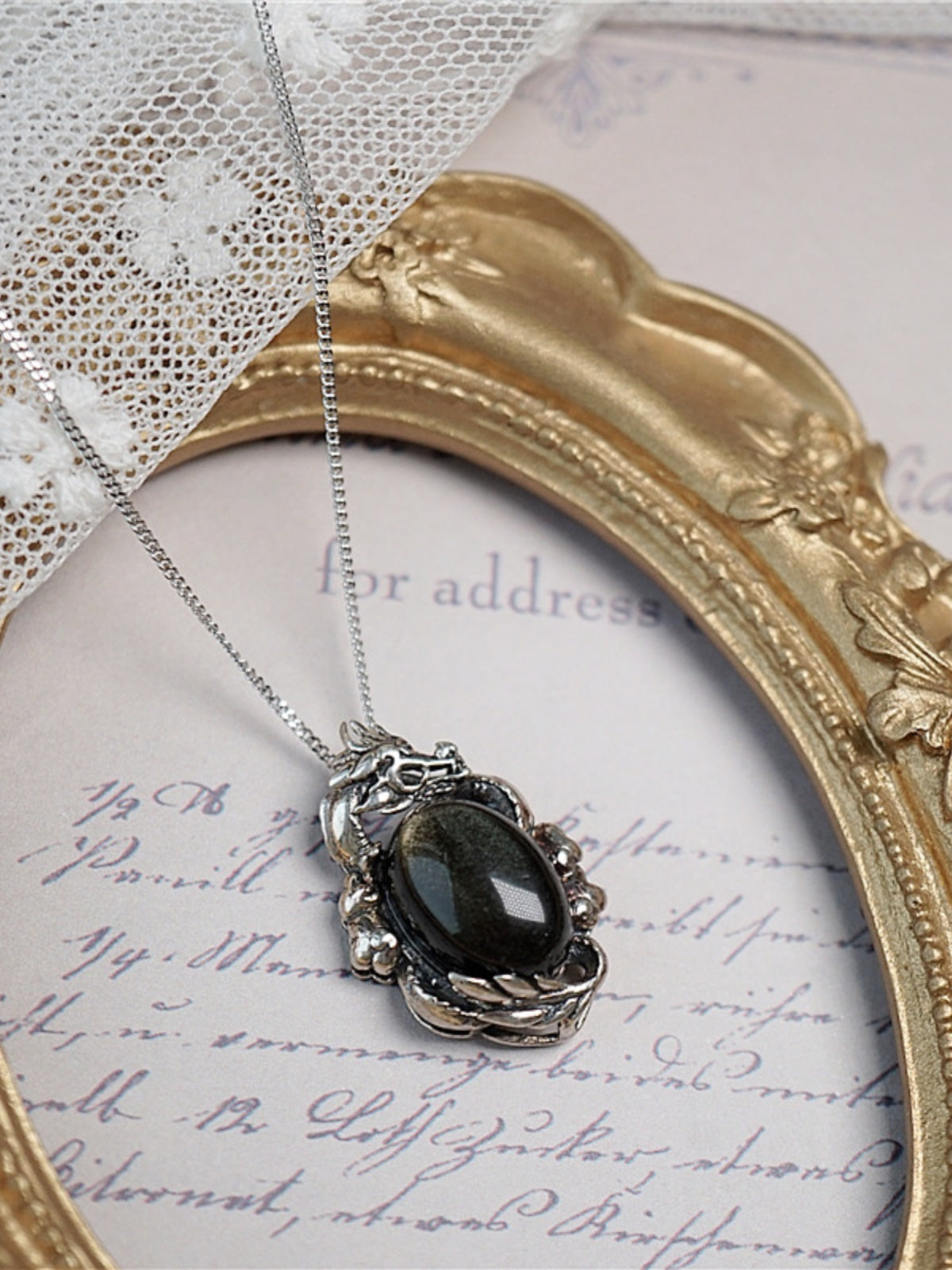 925 Thai Silver Natural Obsidian Pendant Necklace