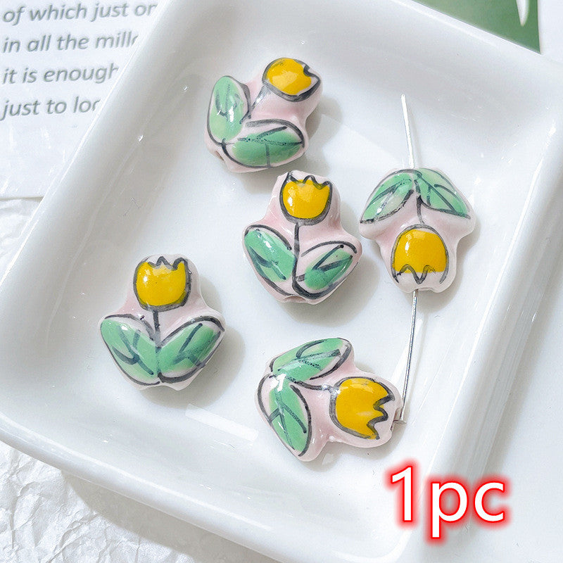 Porcelaine peinte à la main imprimé tulipe perles en céramique perforées bijoux à bricoler soi-même accessoires matériaux