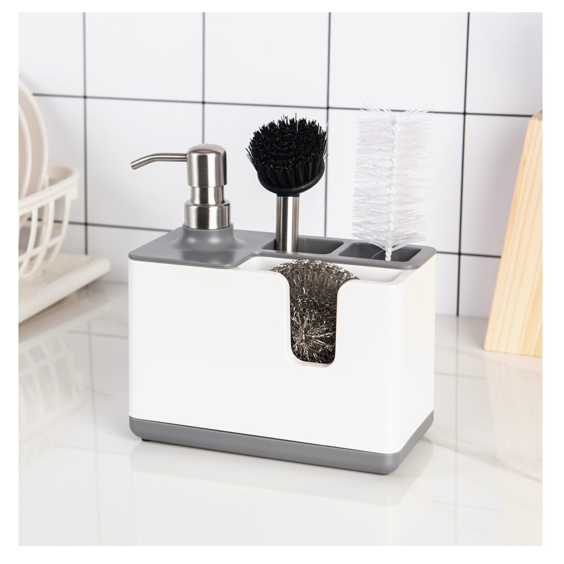 Dispensador de jabón para almacenamiento de utensilios de limpieza de cocina