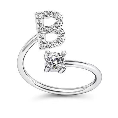 Female Stylish Adjustable Zircon 26 Letters Ring
