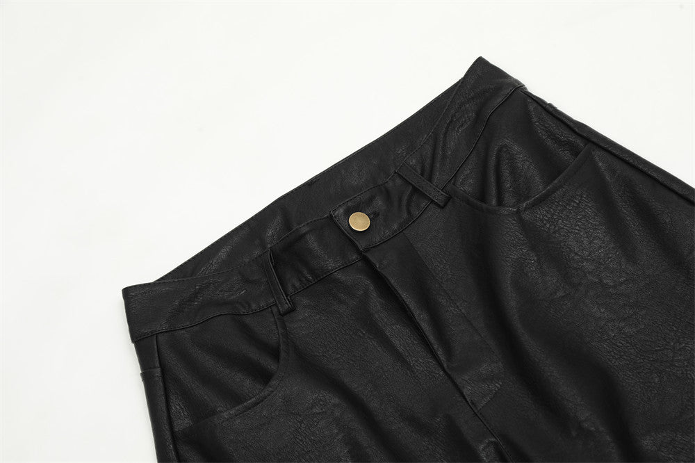 Loose Wide Leg Multi-pocket Workwear Leather Pants