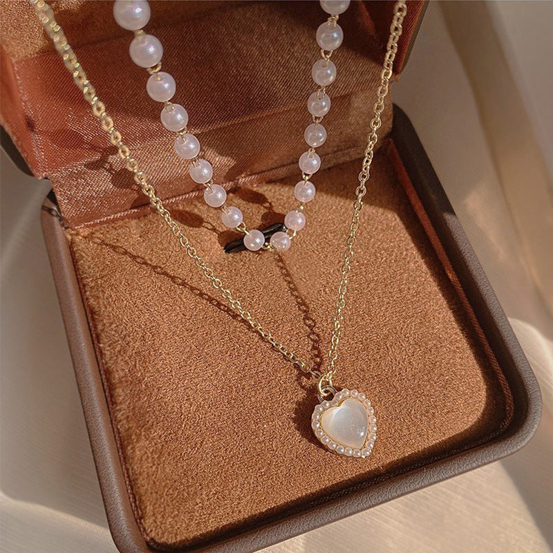 Women's Pearl Double-layer Opal Heart Necklace