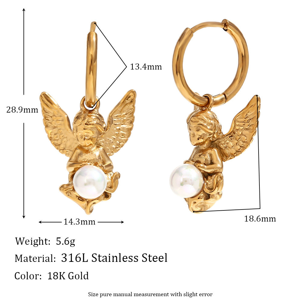 Collier élégant Vintage en acier titane plaqué or 18 carats, Mini collier d'ange en perles, boucles d'oreilles