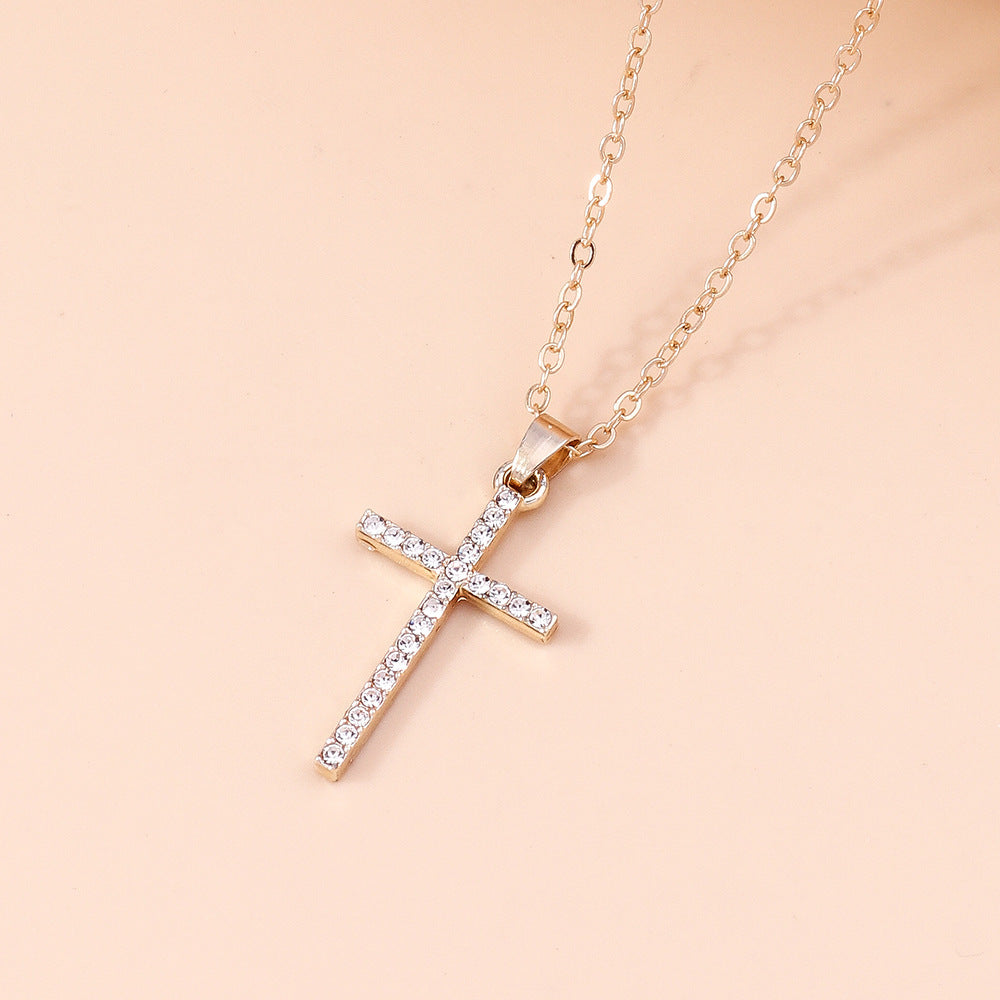 Fashion Simple Women's Diamond Spot Drill Hollow Cross Sweater Chain Necklace