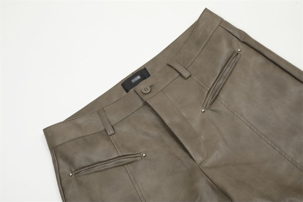 Men's PU Leather Loose Straight Split Stitching Wide-leg Casual Pants