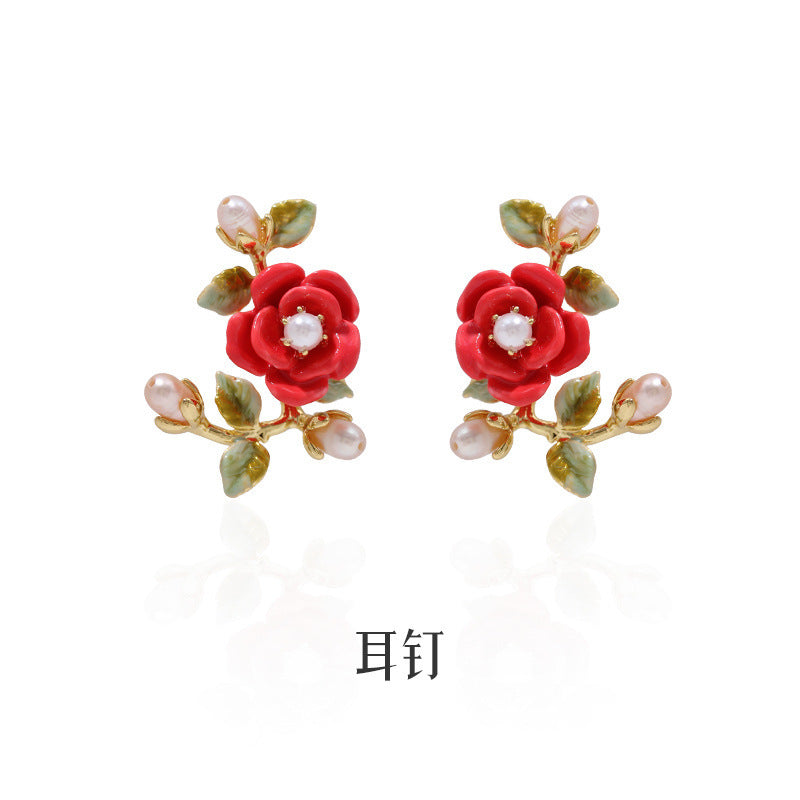 Boucles D'oreilles Corolle Rose Fleur Rouge Corail Perle Branches Et Feuilles Or