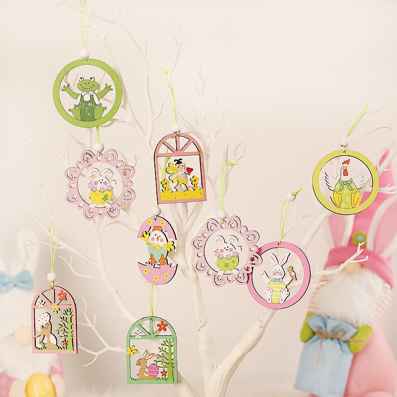 Oeuf de lapin de pâques, peinture animale, pendentif, artisanat en bois