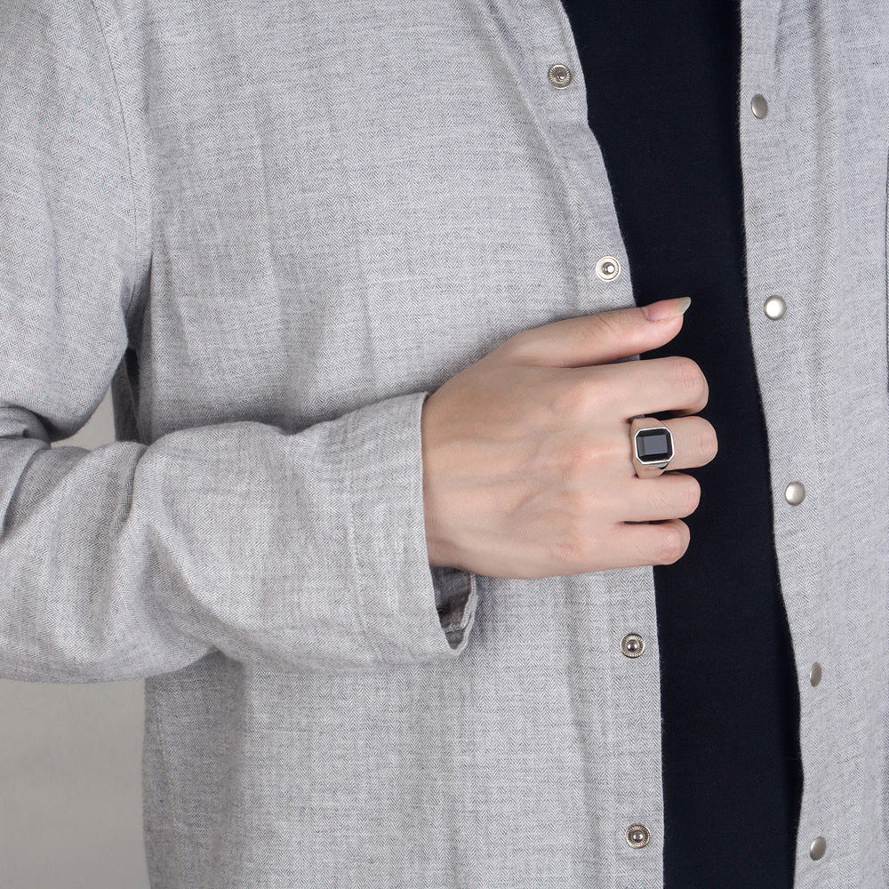 Personalized Men's Ring Square Black Agate
