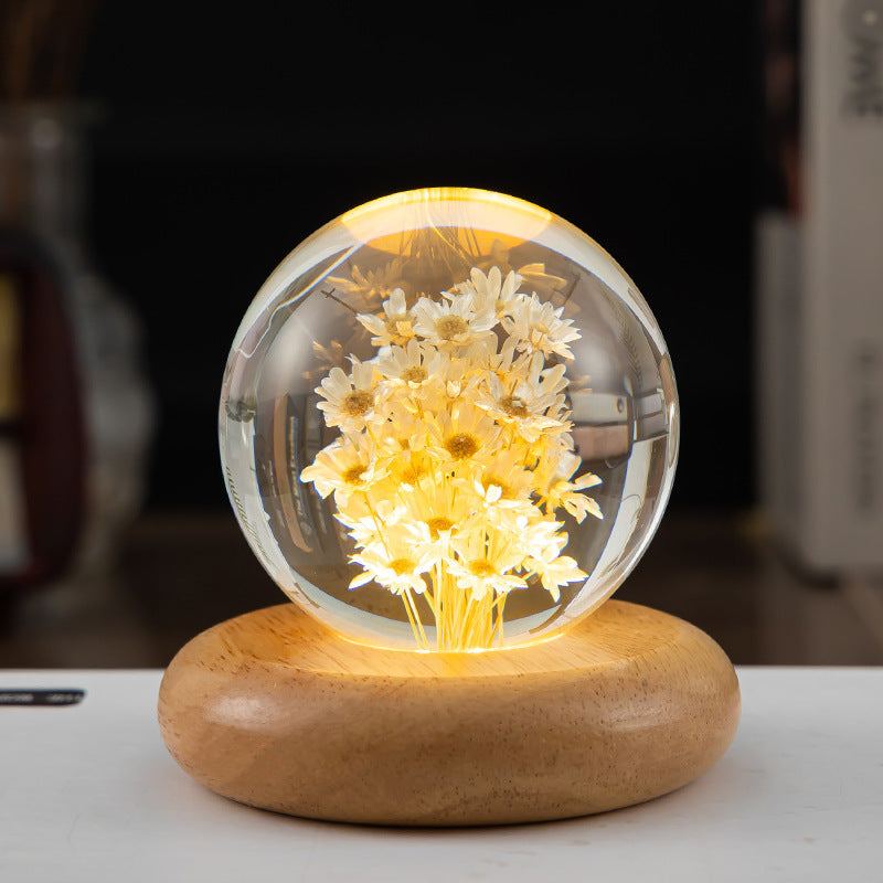 Lámpara LED de noche con bola de cristal y flores para niños, lámpara de noche con Base de madera, luz ambiental para dormitorio, regalo creativo, luz nocturna