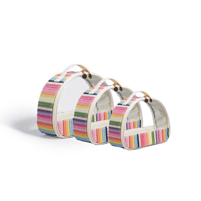 Sac à cosmétiques en PVC Transparent tissé en paille, sac à cosmétiques en demi-cercle, sac de rangement de produits de toilette tissé arc-en-ciel imperméable