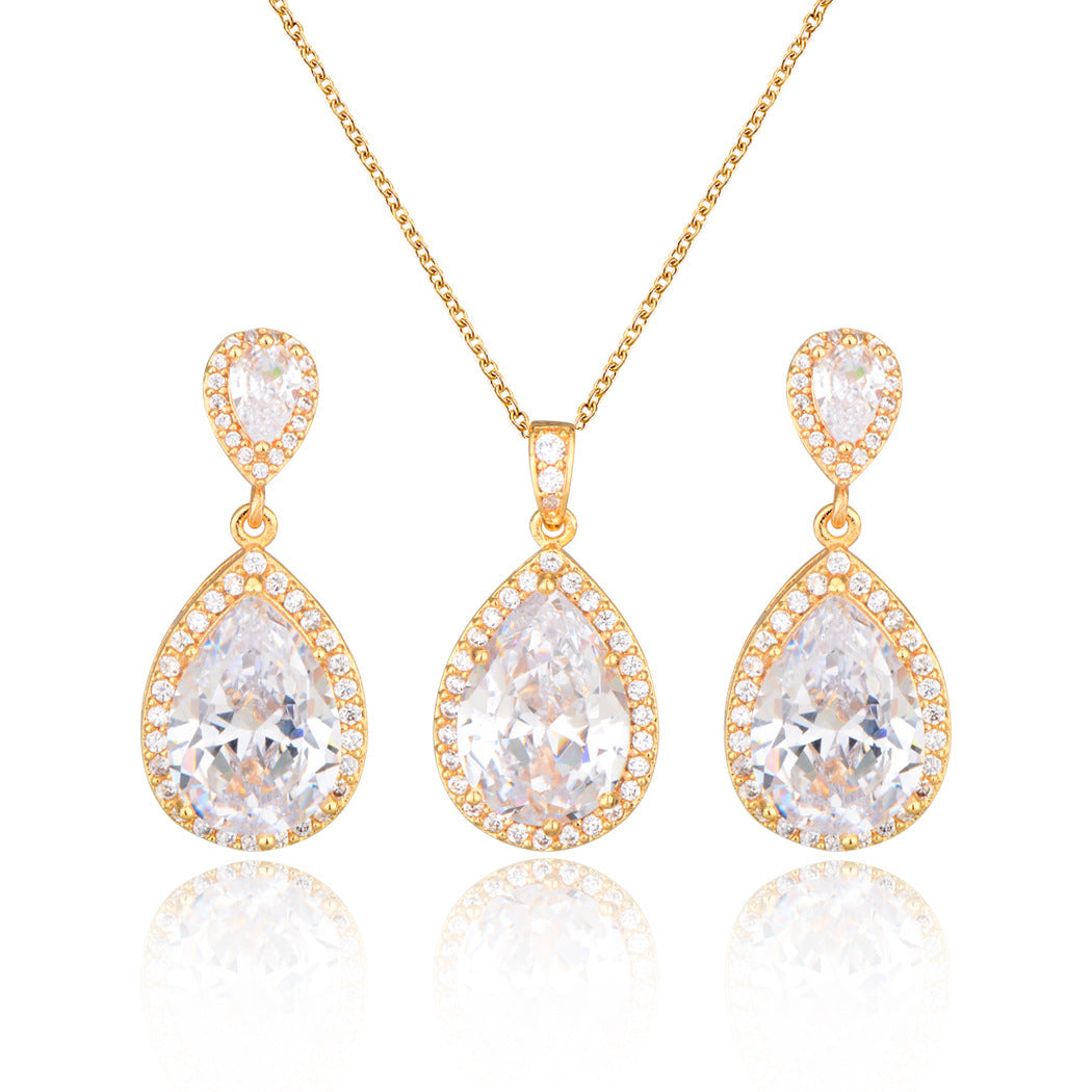 Collar de gotas de agua de circón grande brillante, traje con gotas para los oídos, joyería de boda para novia, Simple y elegante