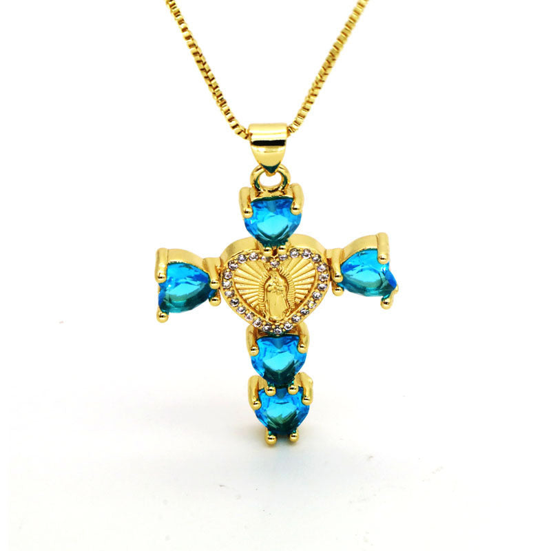 Hip-hop Fashion Inlaid Color Diamond Cross Love Virgin Mary Pendant Necklace For Women