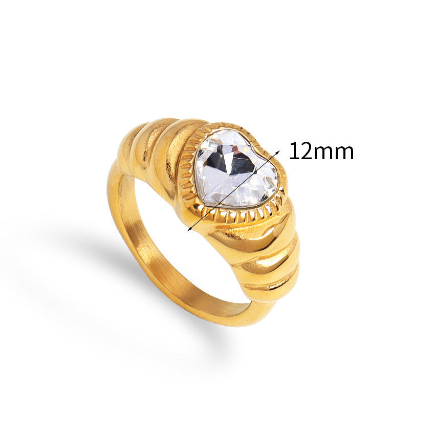 Bague en acier inoxydable 316L plaquée or 8 carats avec zircon blanc en forme de cœur