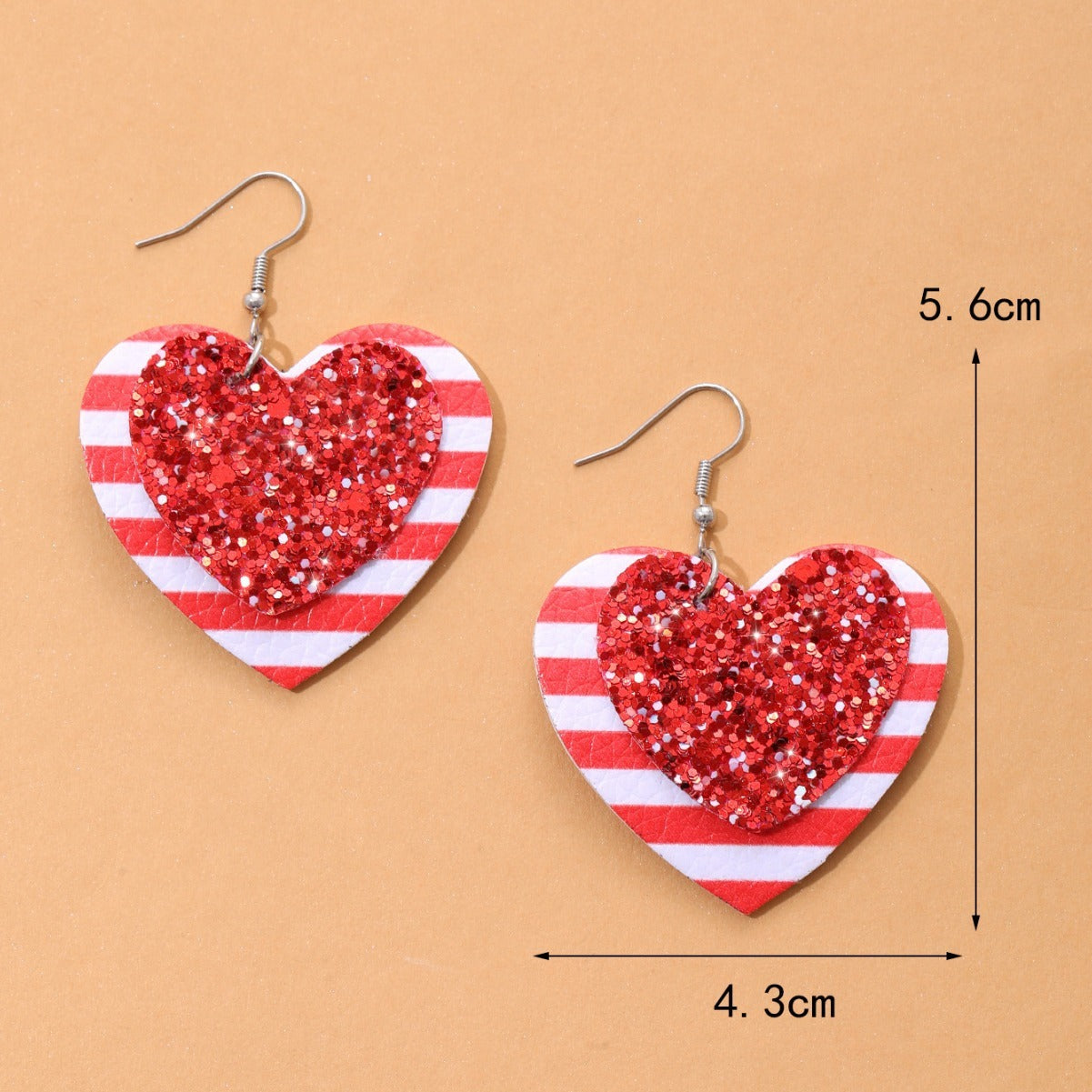 Boucles D'oreilles En Cuir À Paillettes Rayées Rouges Et Blanches En Forme De Coeur Pour La Saint-Valentin
