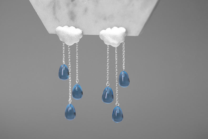 Cloud Raindrop Sterling Silver Imitation Crystal Women's Tassel Fairy Earrings