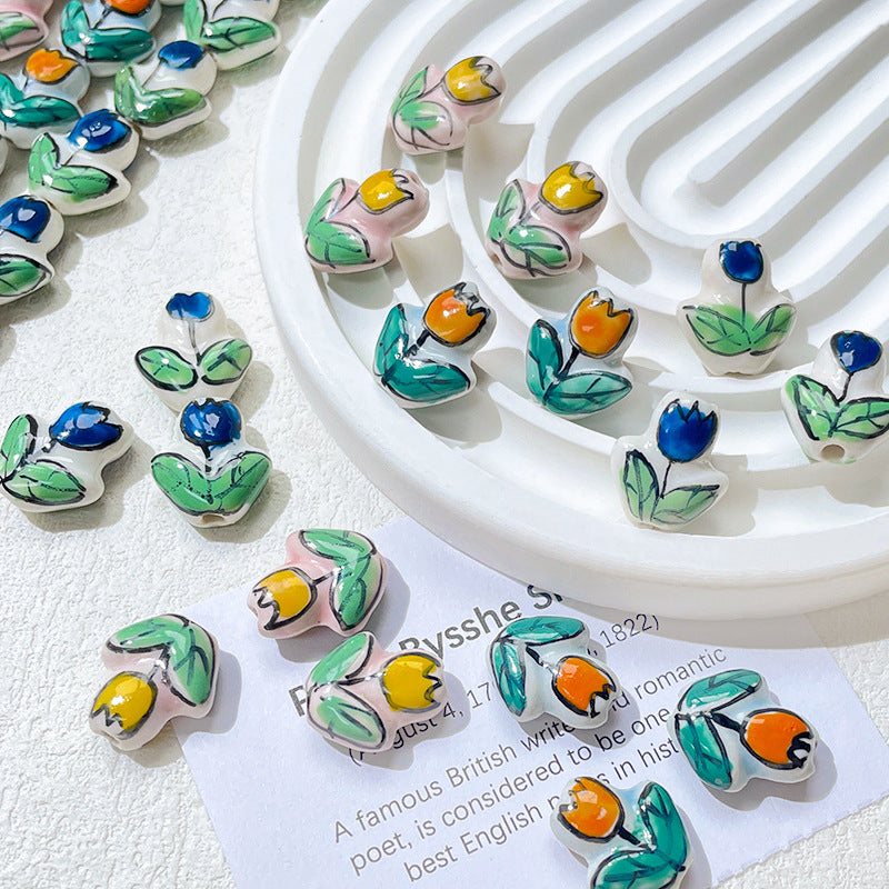 Porcelaine peinte à la main imprimé tulipe perles en céramique perforées bijoux à bricoler soi-même accessoires matériaux