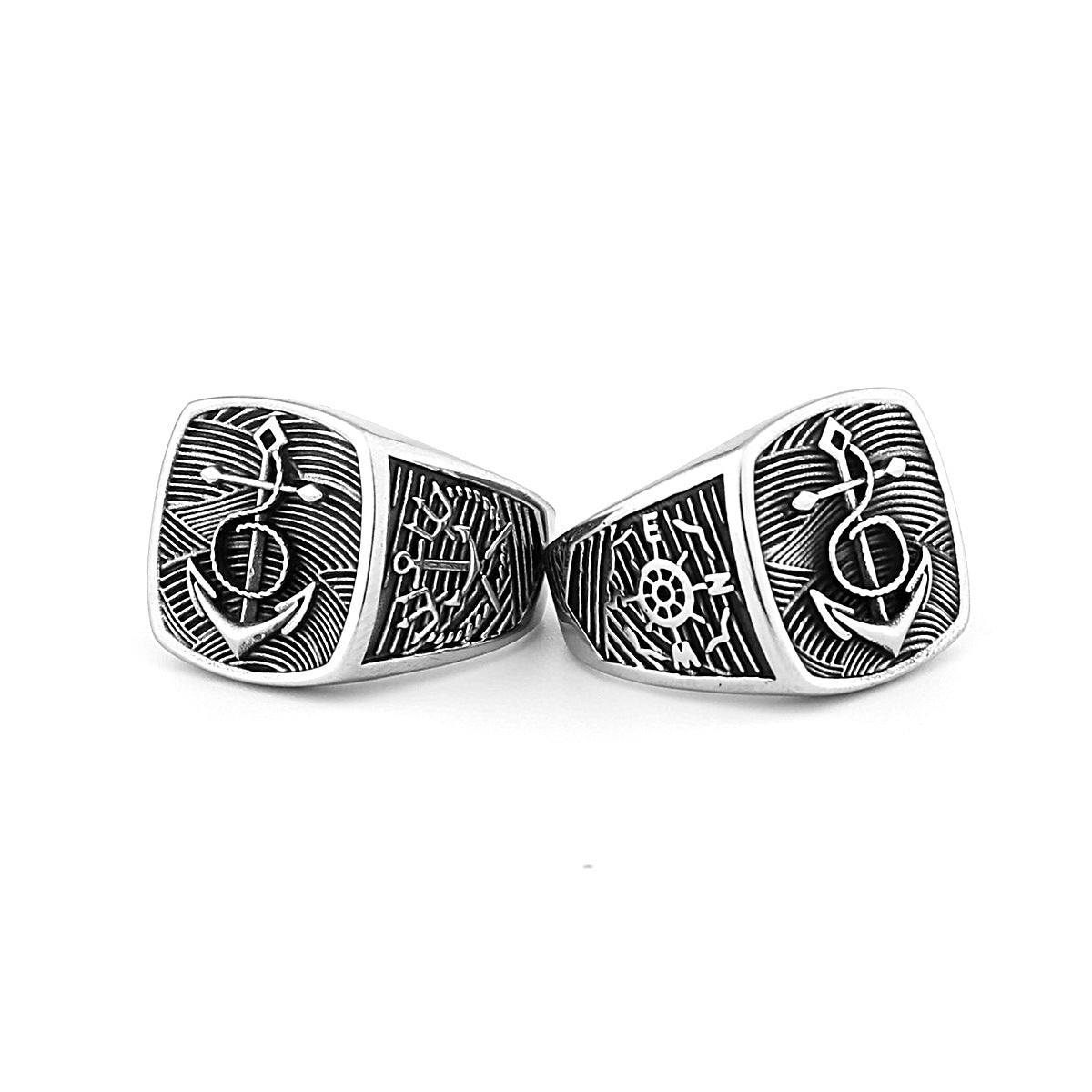 Nordic Viking Boat Anchor Titanium Steel Ring Pirate Compass Ring