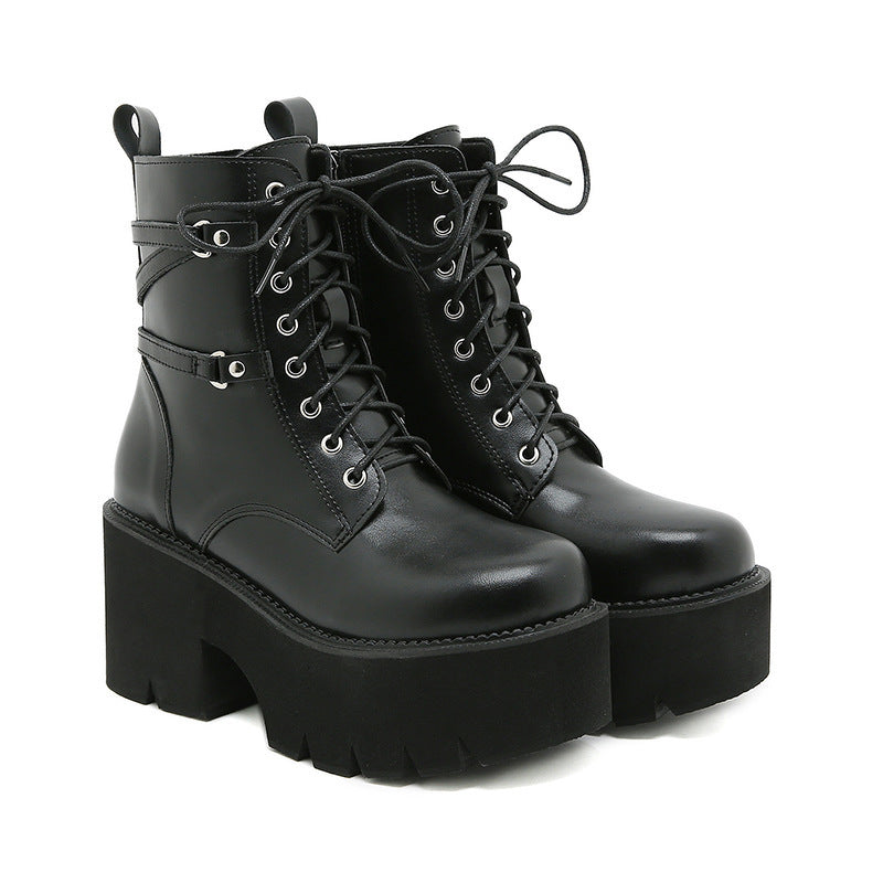 Bottes Dr Martens à tête ronde à lacets et plateforme imperméable à talon épais pour femmes