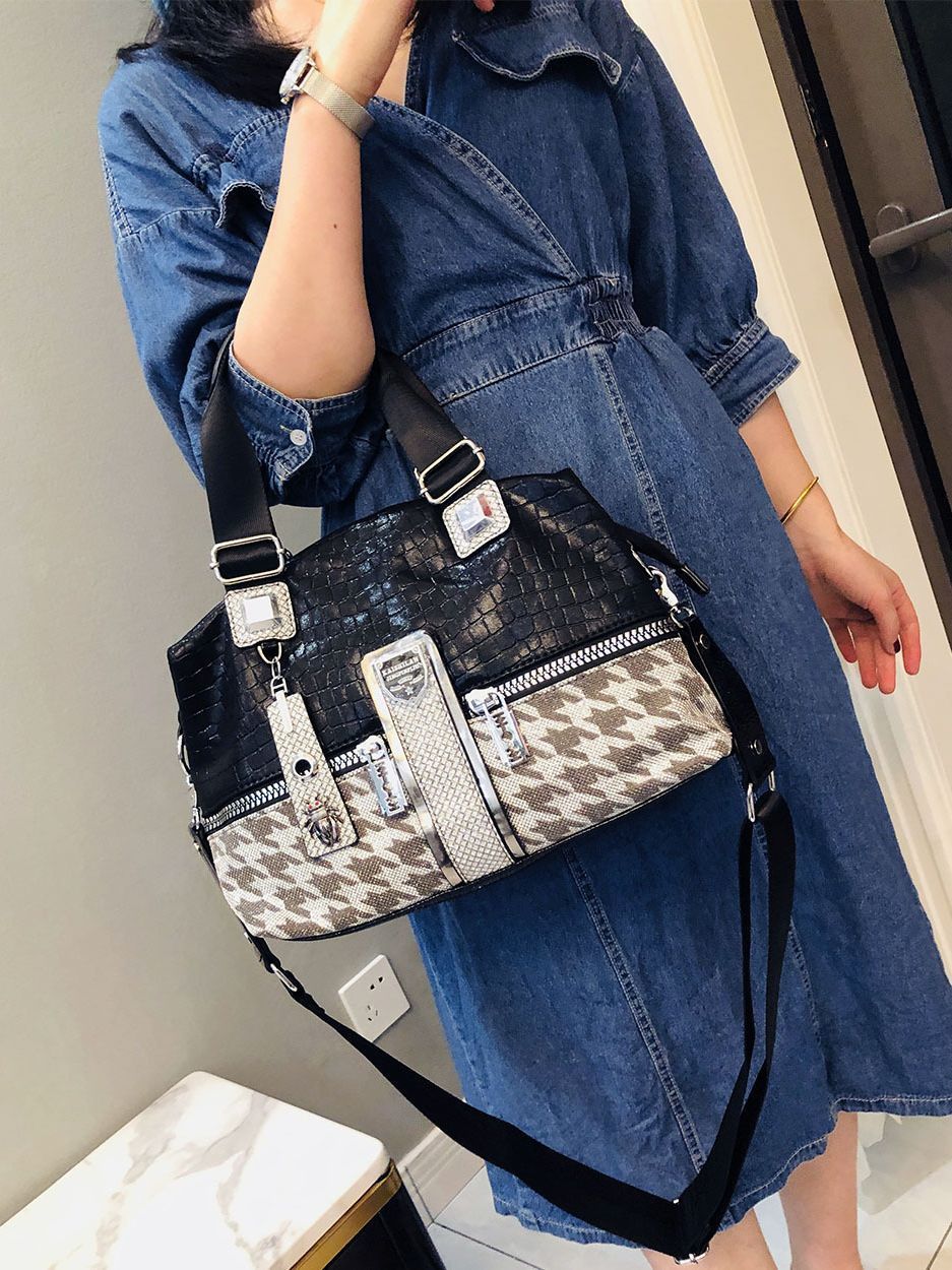 Sac à bandoulière de grande capacité de couleur contrastée pied-de-poule pour femme