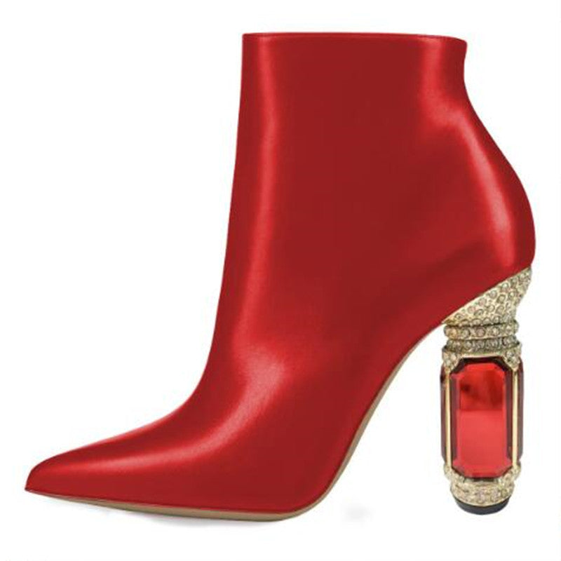 Botas cortas con cremallera lateral para mujer con tacón de piedras preciosas y diamantes de imitación de lujo