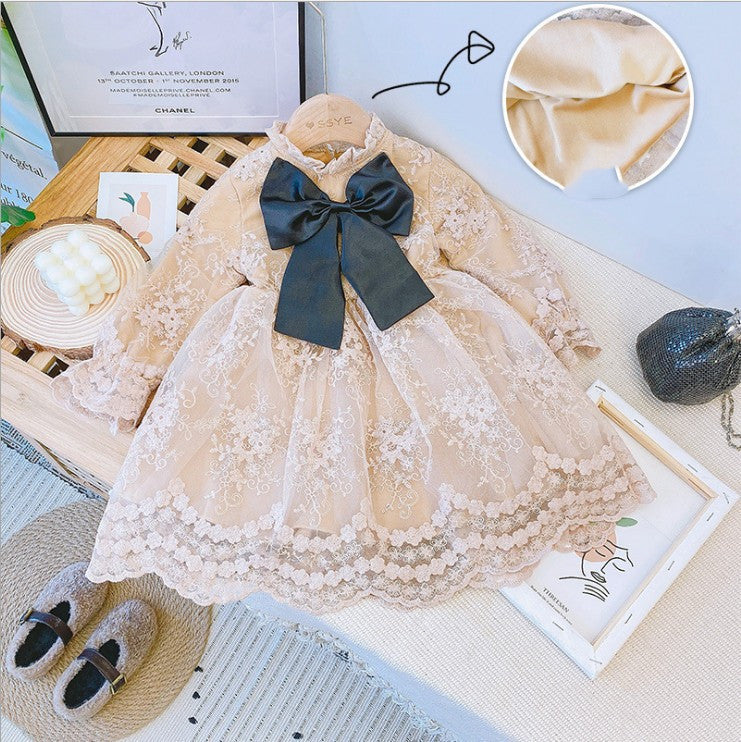 Robe à manches longues en velours et dentelle avec nœud papillon pour enfants, nouvelle collection