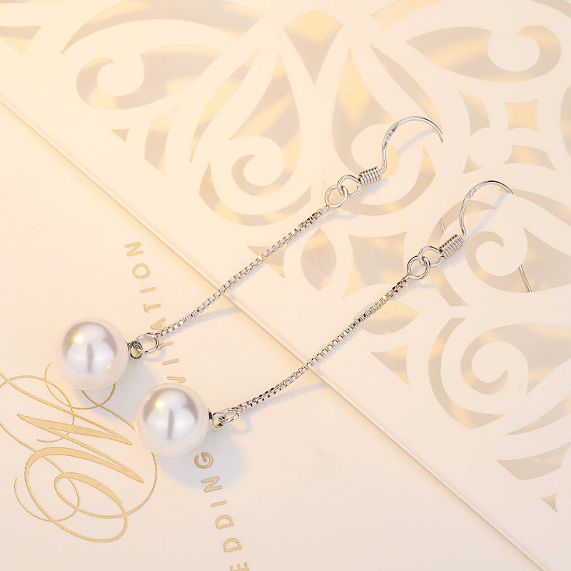 Pearl Shell Pearl Stud Earrings Silver Plated Tassel Jewelry Long Earrings