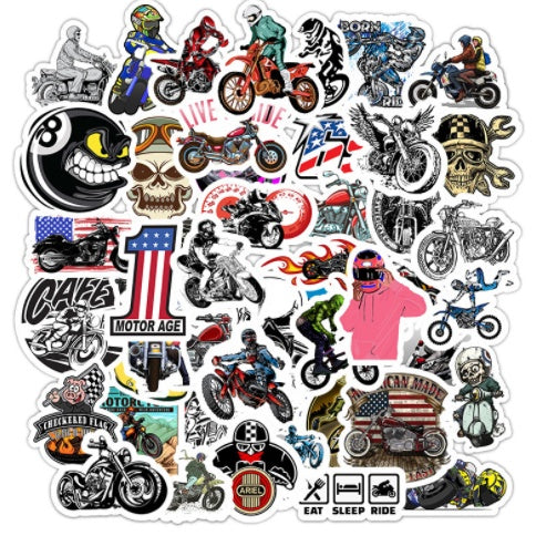 50 pegatinas de grafiti de personajes de motocicleta, pegatinas impermeables extraíbles para equipaje, pegatinas para monopatín