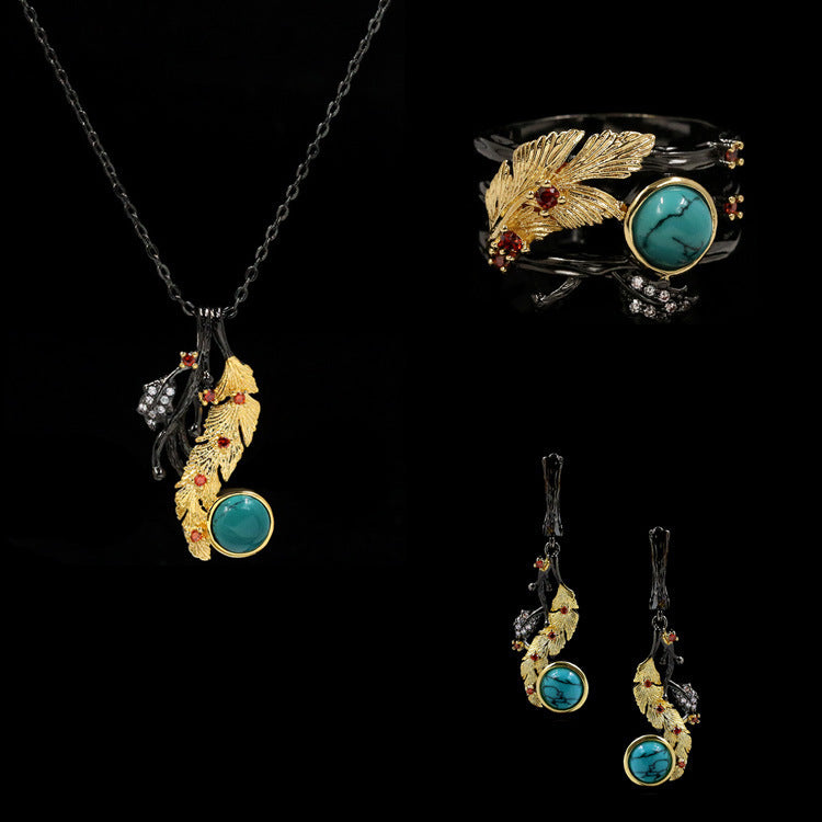 Plant Flower Series Two-color Black Gold Turquoise Ring Necklace