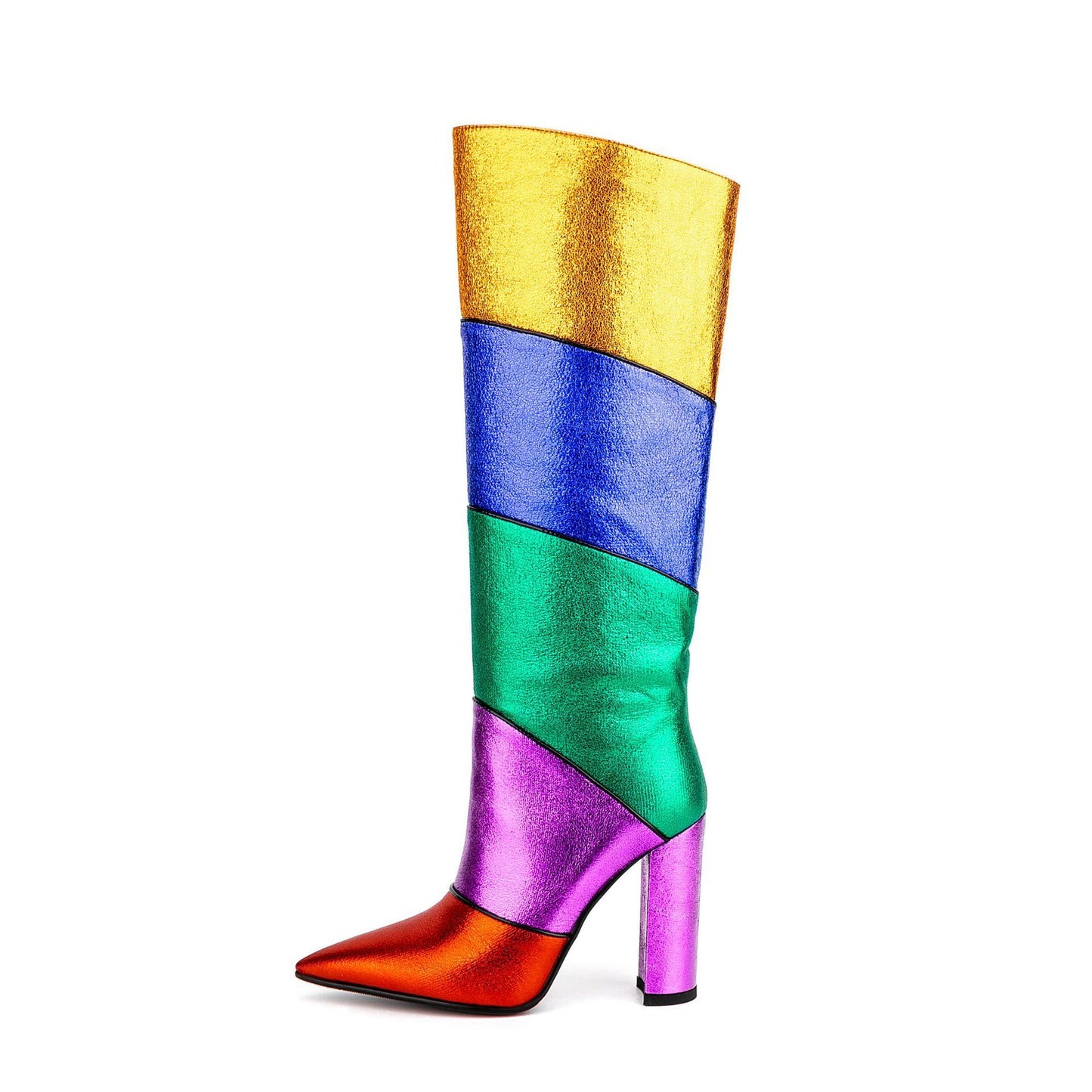 Bottes du milieu à talons épais et pointus en métal arc-en-ciel avec carte tribale