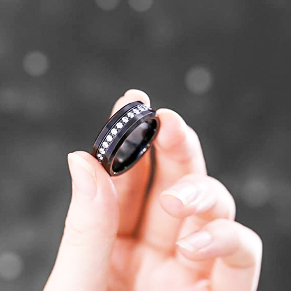 Bague en tungstène argenté unisexe à une rangée de diamants incrustés de pente
