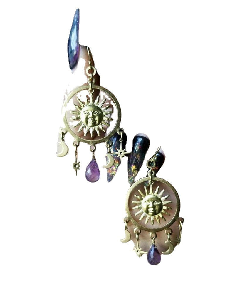Amethyst Teardrop Pendant Golden Sun Moon XINGX Earrings