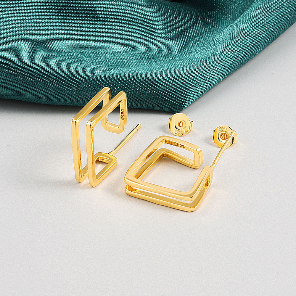 Boucles d'oreilles tendance nouvelles boucles d'oreilles à clous carrées en métal Double couche à la mode