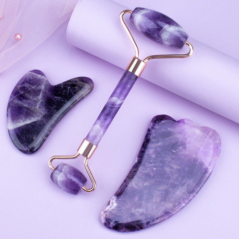Juego de rodillos de amatista Masajeador Gua Sha en forma de corazón