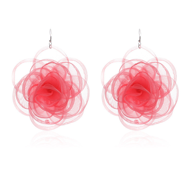 Chiffon Retro Three-dimensional Advanced Rose Camellia Stud Earrings