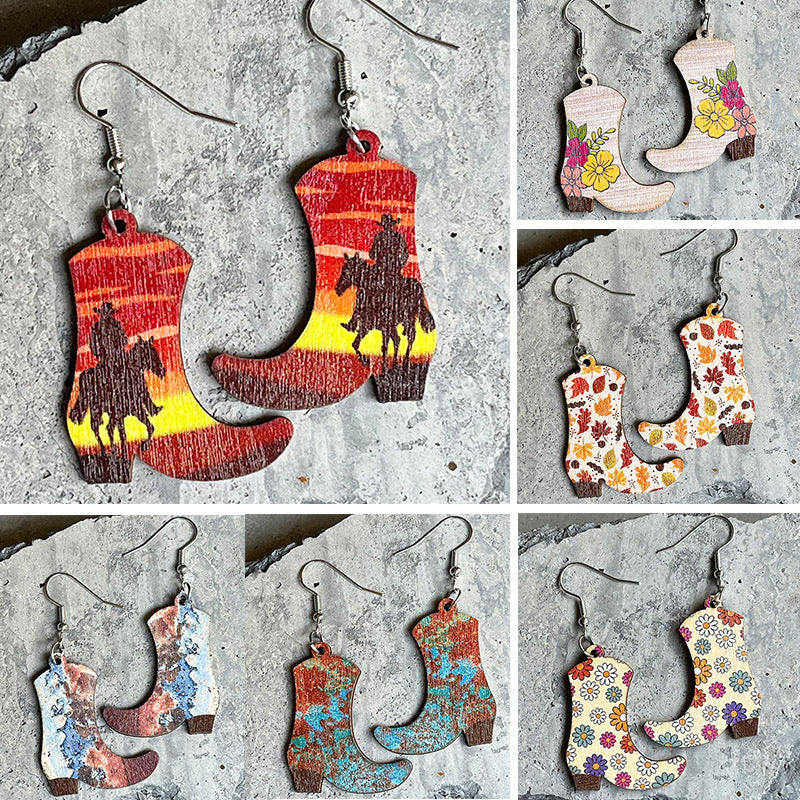 Western Denim Boots Floral Ethnic Style Wooden Vintage Floral Autumn Leaf Earrings