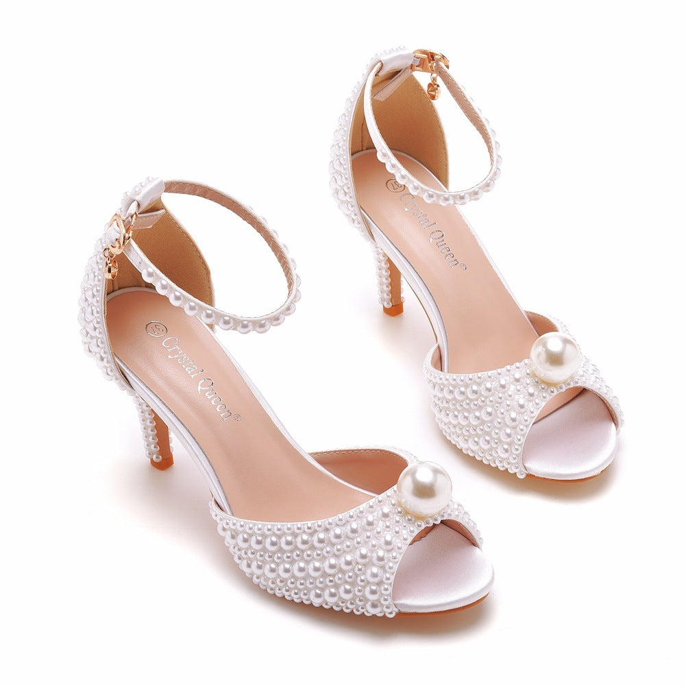 Sandales à talons hauts et bout ouvert en perles pour femmes