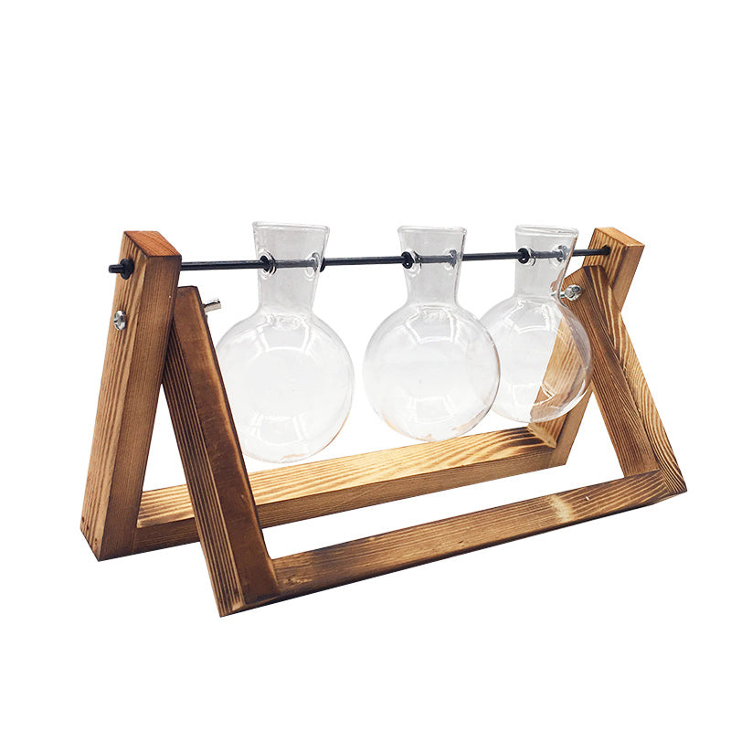 Vase en verre de récipient de plante hydroponique de support en bois d'oscillation