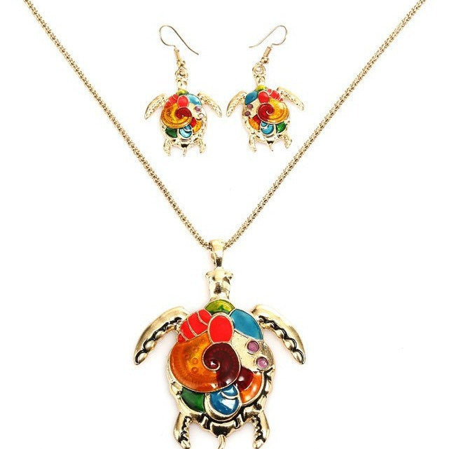 Collier et boucles d'oreilles en forme de tortue arc-en-ciel, style Punk, à la mode, haut profil, goutte d'huile, suite