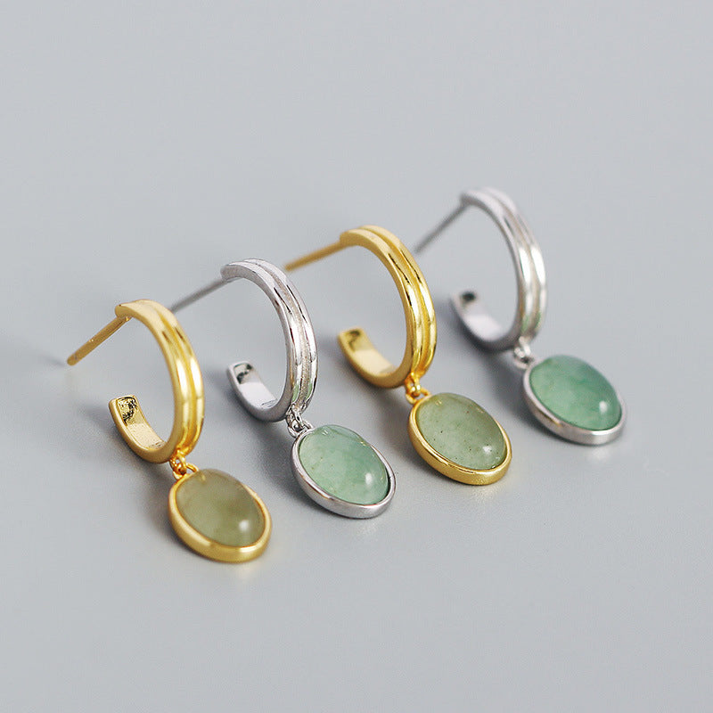 Boucles d'oreilles en argent S925 en forme de C, Aventurine verte de haute qualité, argent rétro