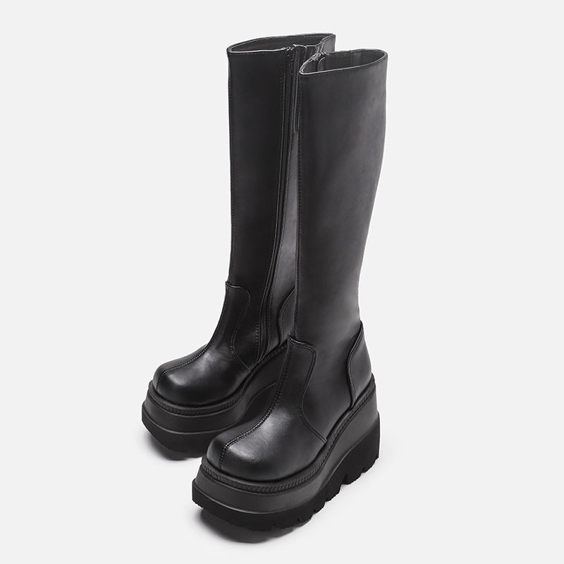 Bottes à hauteur de genou à plate-forme à petite circonférence de tube compensée à la mode pour femmes