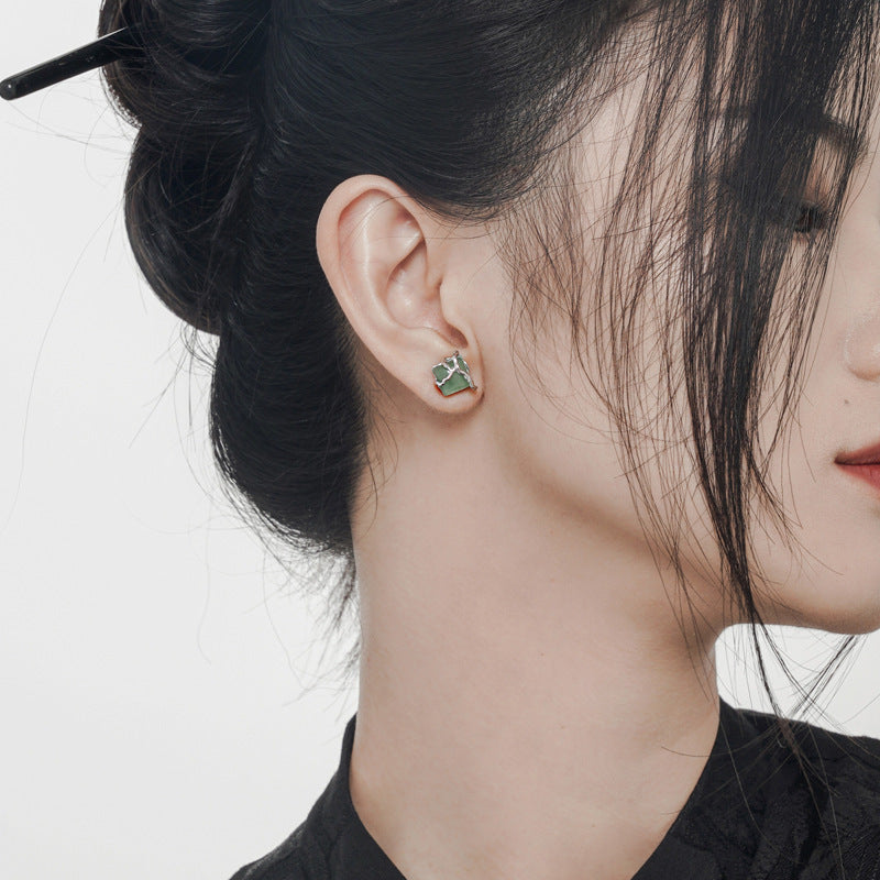 Nouveau Style chinois Simple S925 en argent Sterling perle carrée vert Aventurine boucles d'oreilles