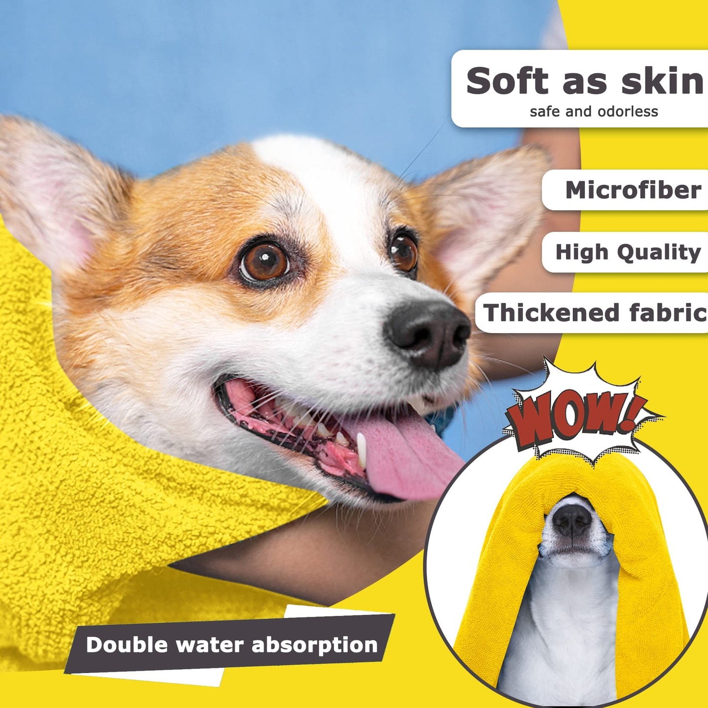 Serviettes pour chiens pour sécher les chiens, serviette de bain pour chien, serviettes pour chiens et chats à séchage rapide, serviettes en fibres douces, super absorbantes, serviette en microfibre douce à séchage rapide pour chiens, chats jaune