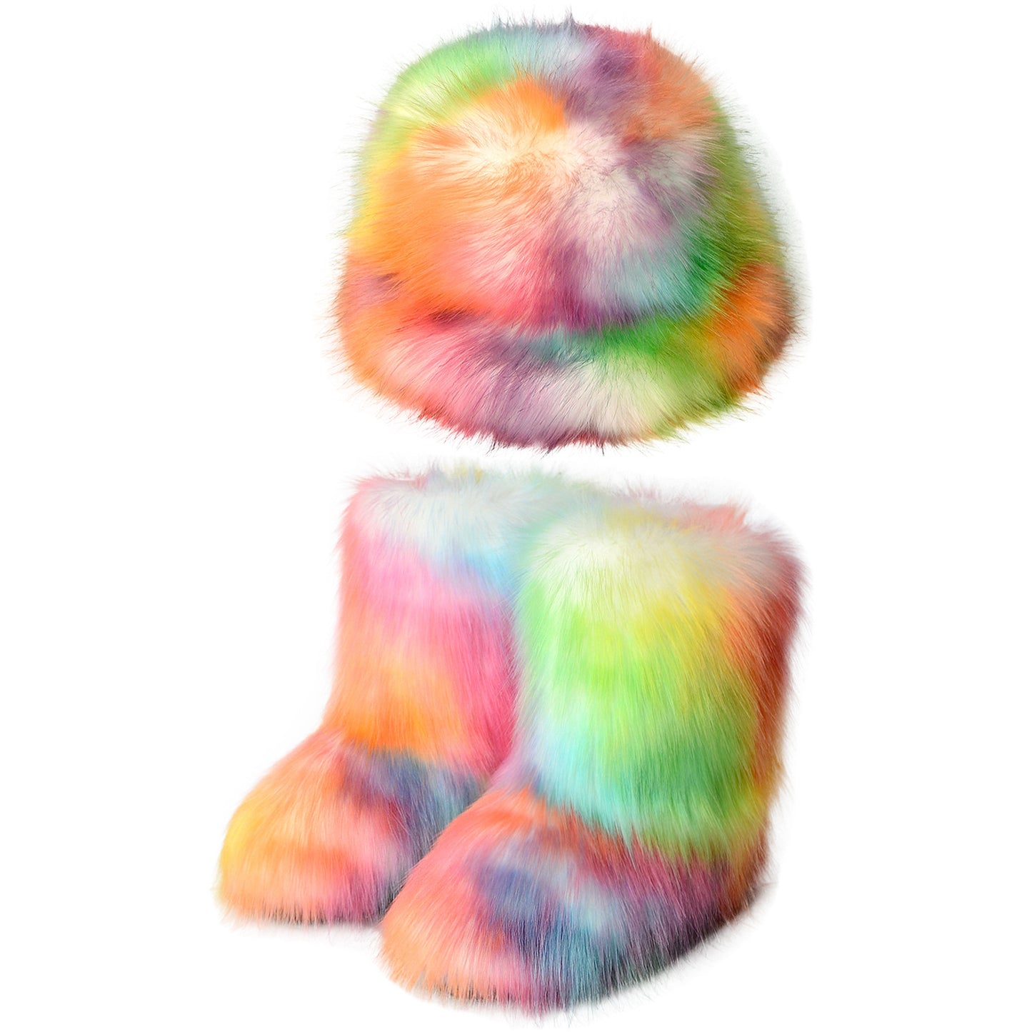 Bottes chaudes en peluche, chapeau seau en fourrure colorée