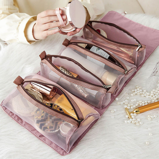 Bolsa de cosméticos 4 Uds en 1 para mujer, bolsa de cosméticos Separable de malla con cremallera, bolsa de nailon plegable para mujer, bolsa de maquillaje con cuerda