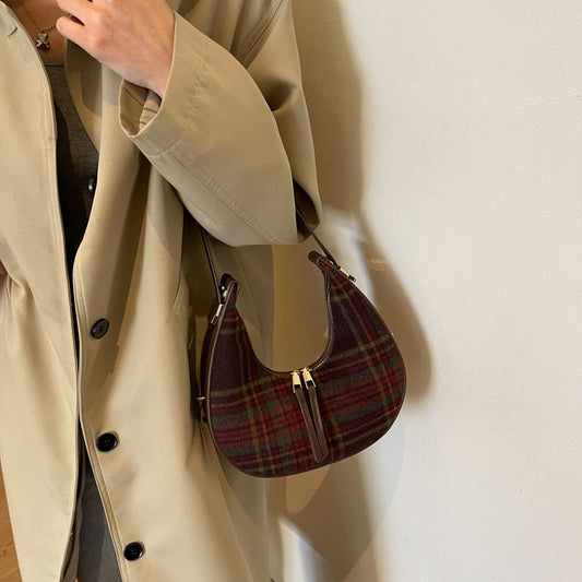 Women's Fashion Color Contrast Plaid Retro Hand Carrying Dumpling Bag