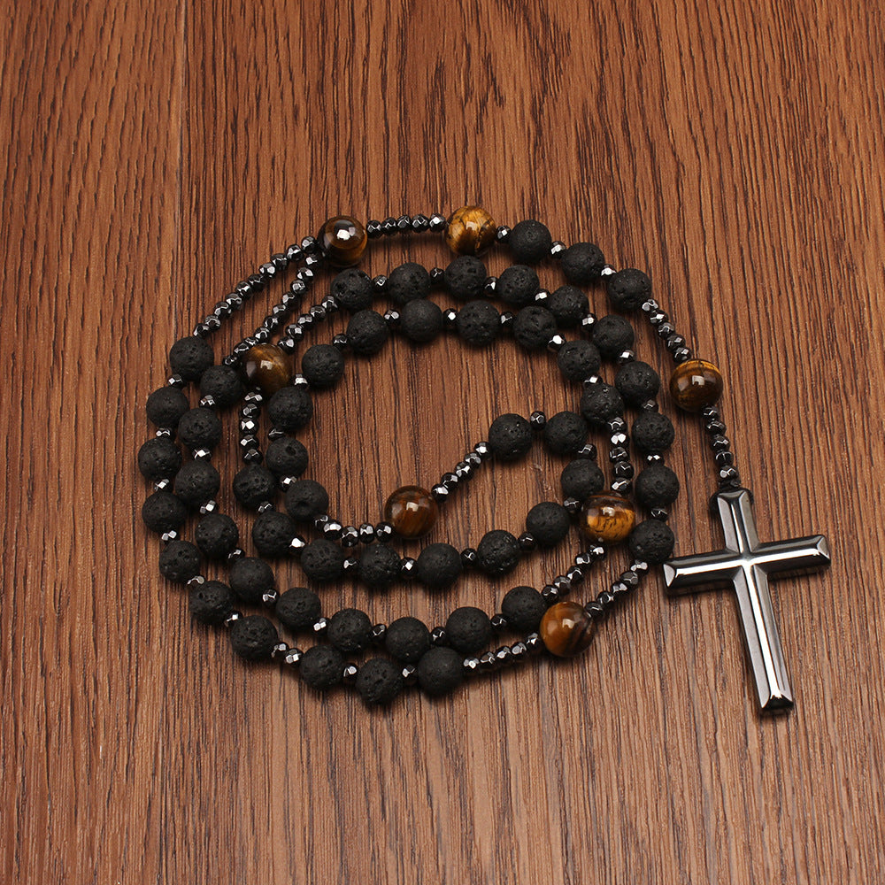 Natural Stone Black Volcanic Rock Yellow Tiger Eyes Haematite Cross Religion Men's Necklace Beads
