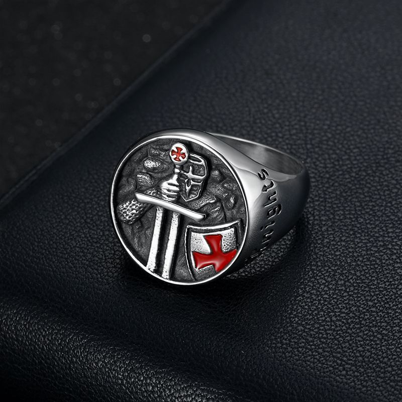Bague pour hommes en acier titane templier templier samouraï inscription croix époxy rouge